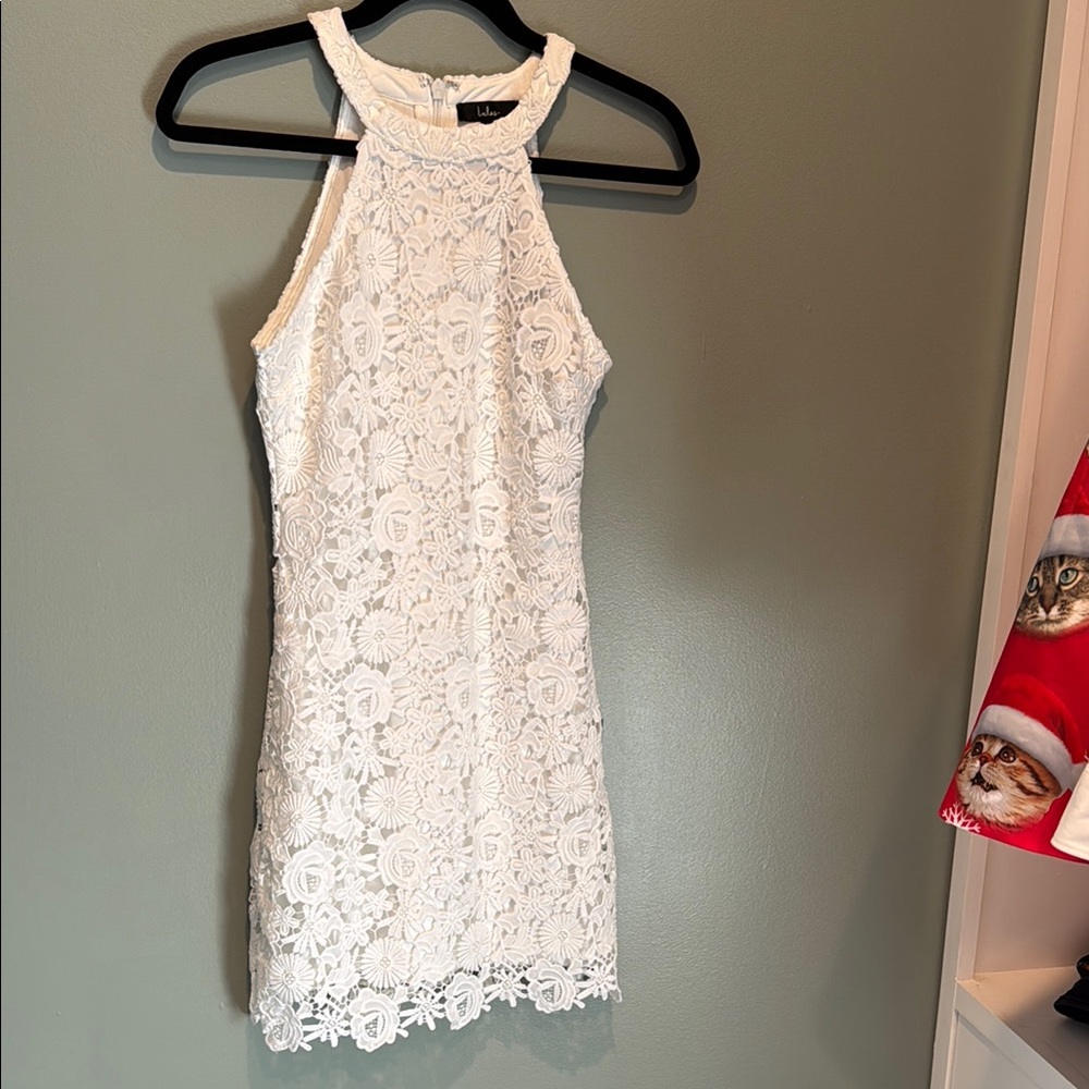 Lulu's White Sheath Mini Dress with Halter Neckline for Bride